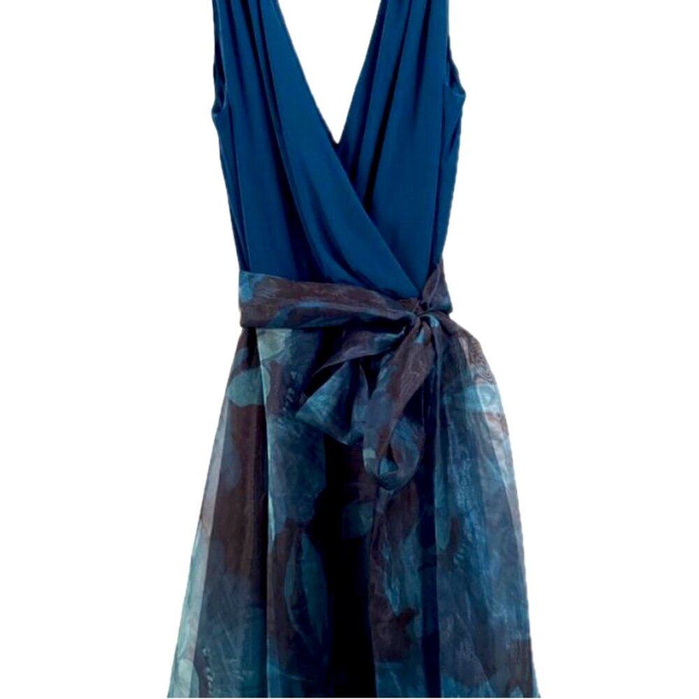 Eliza J Teal Floral Chiffon Ball Gown | Size 12 | Sleeveless V-Neck - Picture 3 of 12